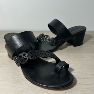 +Tory Burch Tiny Miller Toe Ring Block Heel Sandals Black Size 8.5 M